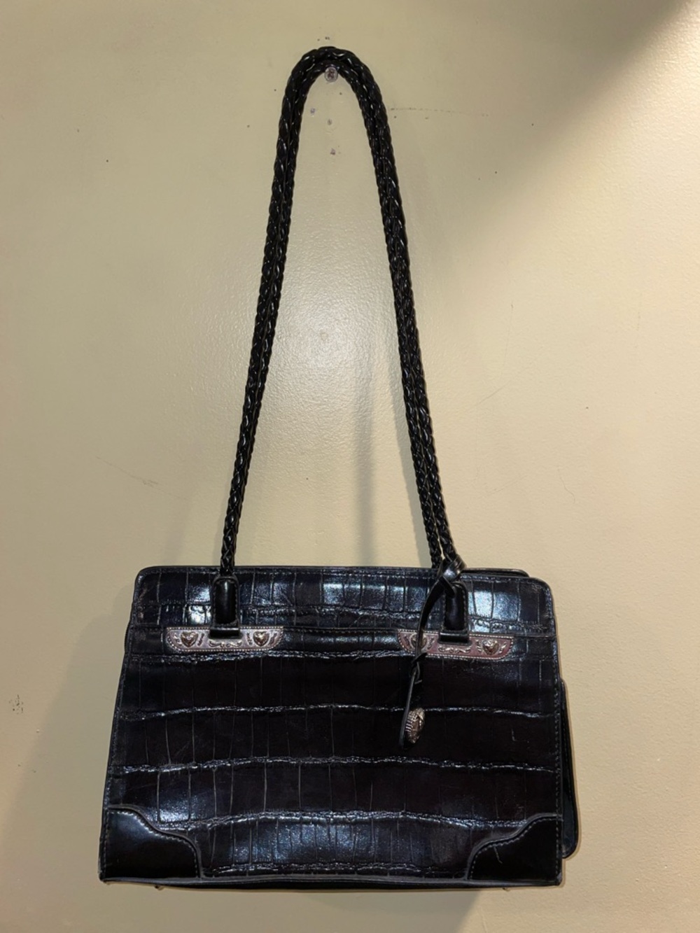 Black Croc Embossed Shoulder Bag | Structured Tote | Classic Glossy Faux Leather